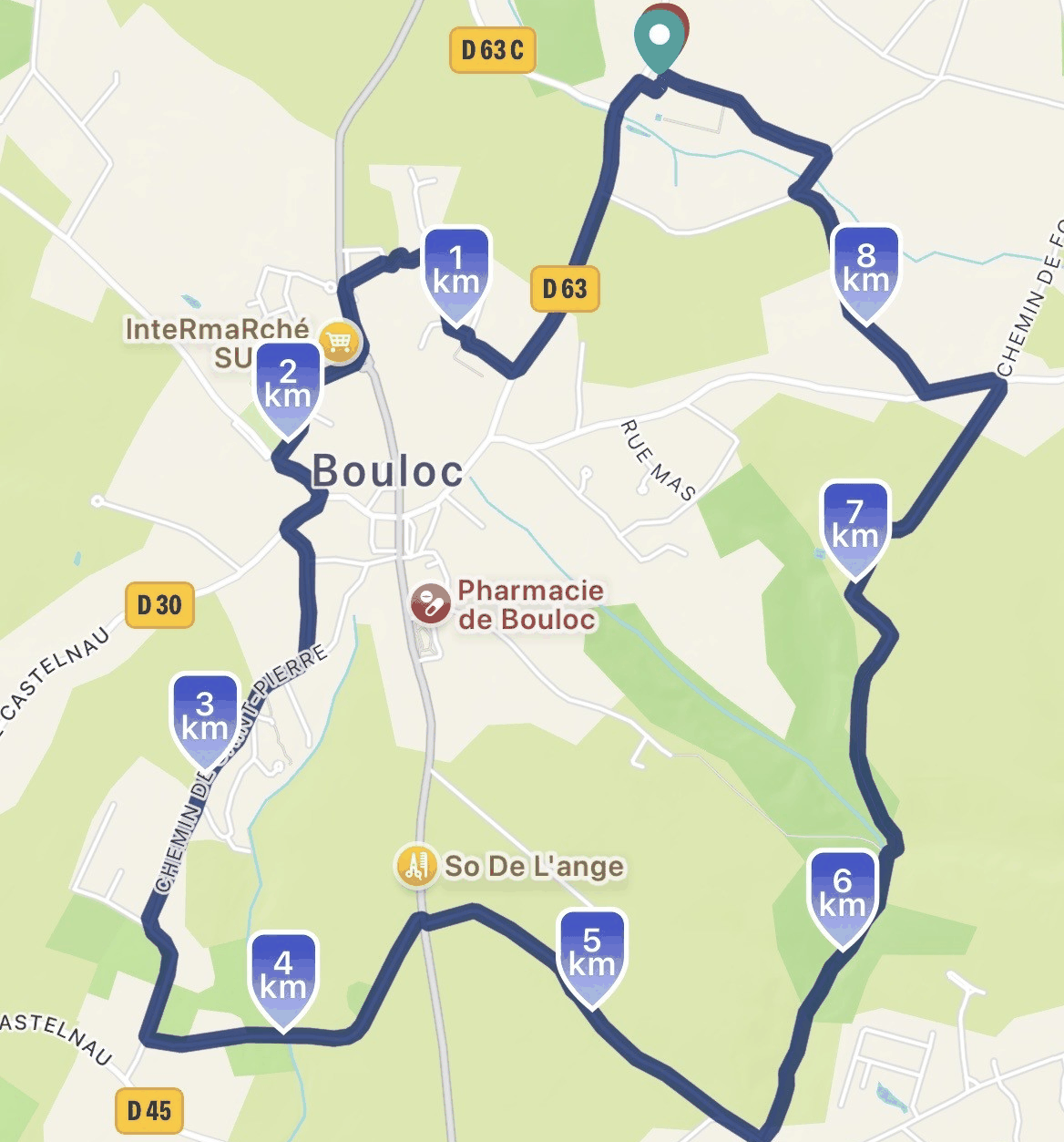 Carte d'une boucle de 8 km au départ de Bouloc, bornes kilométriques de 1 à 8